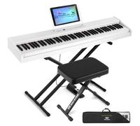 MUSTAR E Piano Digital 88 teclas, teclado con semipeso y Bluetooth, juego portátil con pedal de sostenimiento, soporte para teclado y bolsa de transporte (blanco y banco de piano)