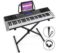 MUSTAR - Teclado de piano de 61 teclas, teclado eléctrico MEK-300 con soporte, teclado de tamaño completo, piano de 61 teclas para principiantes, visualización LCD, auriculares, micrófono, adaptador