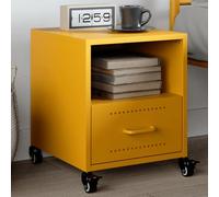 Mustard Yellow Night Stand with Wheels, 36x39x43.5 cm Cold Rolled Steel Bedside Table, Modern Bedroom Furniture with Drawer & Storage Compartment, Easy to Move & Clean, Home Decor Accent Piece