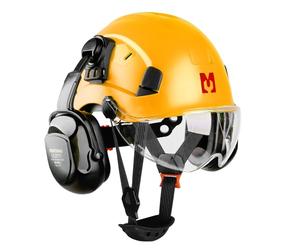 Mustbau Casco de Seguridad, Casco EN397 con Orejeras y Visera, 53 a 63cm Diadema Ajustable, Material ABS Resistente para Hombres Mujeres - Amarillo