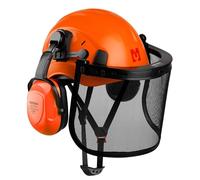 Mustbau Casco de Seguridad para Motosierra, Casco de Protección con Orejeras y Visera de Malla, 53 a 63cm Diadema Ajustable Adecuado para Silvicultura, Obras, Trabajo - Naranja