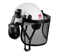 Mustbau Casco de Seguridad para Motosierra, Casco de Protección con Orejeras y Visera de Malla, 53 a 63cm Diadema Ajustable Adecuado para Silvicultura, Obras, Trabajo - Blanco
