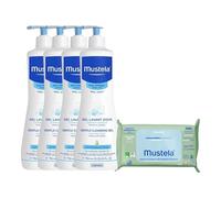 Mustela Juego de 4 geles de limpieza de 500 ml y 1 paquete de 60 toallitas de regalo