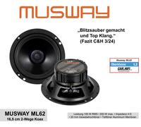 MUSWAY ML62 - Sistema coaxial de 2 vías de 16,5 cm, altavoz empotrable para coche con tweeter de tejido de 20 mm y membrana de aluminio para un sonido impresionante