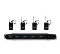 MUSYSIC [MU- V4L] Sistema de micrófono inalámbrico de 4 canales cuádruples - Audífonos Lavalier de solapa VHF inalámbricos, transmisor y receptor, tecnología SM avanzada de salida de 1/4 pulgadas de frecuencia individual y control de volumen