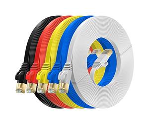 MutecPower 5m 5 Pack Cables de red Ethernet ULTRA PLANO CAT 7 con enchufes RJ45 Cable Delgado Patch LAN Latiguillo - Cables de 5 metros rojo/amarillo/azul/negro/blanco con bridas y clips