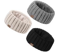 MUTKIS Diademas de invierno para mujer, paquete de 3, calentadores de orejas para mujer, diadema de lana de punto grueso con forro polar, orejeras cálidas para clima frío (negro, beige y gris claro