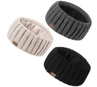 MUTKIS Diademas de invierno para mujer, paquete de 3, calentadores de orejas para mujer, diadema de punto de lana con forro polar grueso, orejeras cálidas para clima frío (negro, beige y gris oscuro)