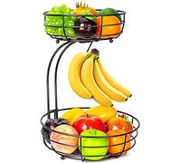 Mutool Cesta de frutas, cuenco de frutas de 2 niveles con colgador de plátano, estante de frutas para encimera de cocina, cuencos de frutas de metal, aperitivos, magdalenas (negro)