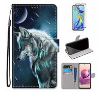 MUTOUREN Funda para Xiaomi Redmi Note 10 5G con Protector de Pantalla, Carcasa PU Cuero Flip Folio Cover Wallet Case Anti-rasguños Protectora Bolsillo Carteras - Luna y Lobo