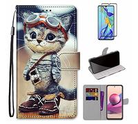 MUTOUREN Funda para Xiaomi Redmi Note 10 Pro/Note 10 Pro MAX con Protector de Pantalla, Carcasa PU Cuero Flip Folio Cover Wallet Case Anti-rasguños Protectora Bolsillo Carteras - Gato de Moda
