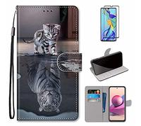 MUTOUREN Funda para Xiaomi Redmi Note 10 Pro/Note 10 Pro MAX con Protector de Pantalla, Carcasa PU Cuero Flip Folio Cover Wallet Case Anti-rasguños Protectora Bolsillo Carteras - Gato y Tigre