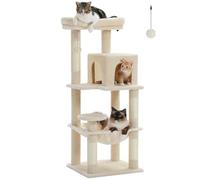 MUTTROS Moderno árbol para gatos con forma de cohete, torre de madera de 54 pulgadas para gatos de interior, muebles para gatos con 3 condominios, bolas colgantes, percha de ático