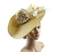 MUUYYI Tocado de Derby para mujer con ala ancha, sombrero para fiesta de boda, beige, AS THE PIC SHOW