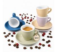 MUVELL Juego de 4 tazas de café expreso, 4 x 50 ml, 4 colores mate, paredes | Tazas de café espresso de cerámica de pared gruesa, sin BPA y aptas para lavavajillas, incluye 4 platillos en mezcla de