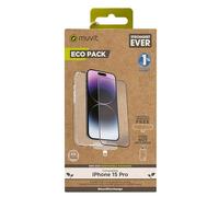 Muvit for Change Funda Compatible con Apple iPhone 15 Pro + Protector de Pantalla Vidrio Templado Plano Marco Negro