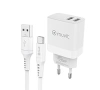 muvit for Change Pack Cargador de Pared 2 USB 3,4A + Cable Tipo C 3A 1,2m Blanco
