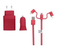Muvit Life Pack Cargador de Coche + Cargador de Pared + Cable 3 en 1 MicroUSB/USB-C/Lightning Rojo