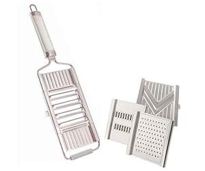 Muxels - Mandolina de cocina 4 en 1, taza de verduras multifunción con 3 insertos adicionales, 1 empujador, para rallar, rebanar, cortar en juliana frutas y verduras