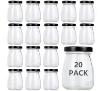 MUXHEL 20 tarros de yogur de 100 ml con tapa negra, frascos pequeños de cristal, mini botellas de cristal para mermelada, miel, gelatina, mousse, especia