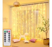 MUXIJIA Luces de cadena 200LED, 3x2M USB Cortina de luz interior de Navidad, 8 modos regulables con control remoto y temporizador, impermeable, decoraciones navideñas, boda, ventana (blanco cálido)