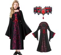 MUXIWOM Disfraz Vampiro Niña Disfraz Vampiresa Niña Halloween Vampira Disfraces con Collar para Halloween Carnaval Cosplay(4-6 Años)