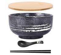 MUXUE - Tazón japonés de Ramen vintage con cuchara con tapa cuenco de cerámica de Ramen cuenco de arroz dibujado a mano cuenco de fideos instantáneos de 6,5 pulgadas