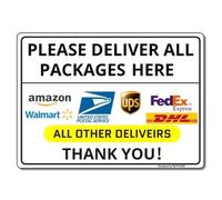 MUYIASER Letrero de aluminio con texto en inglés "Please Deliver All Packages Here" (blanco)