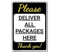 MUYIASER Letrero de entrega con texto en inglés "Please Deliver All Packages Here" (negro, amarillo), compuesto de aluminio, letrero de metal para exteriores, letrero de estaño para jardín, patio