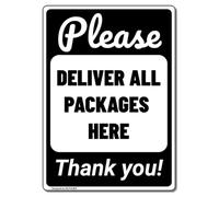 MUYIASER Letrero de entrega para exteriores, con texto en inglés "Please Deliver All Packages Here" (negro) con instrucciones de entrada, compuesto de aluminio, para el hogar, 8 x 12 pulgadas