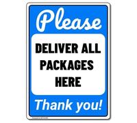 MUYIASER Letrero de metal con texto en inglés «Please Deliver All Packages Here» (azul), instrucciones de entrada, letrero de entrega para patio, para el hogar, 8 x 12 pulgadas