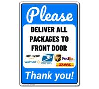MUYIASER Letrero de metal con texto en inglés «Please Deliver All Packages to Front Door», color azul, instrucciones de entrada, letrero de entrega para el hogar, 8 x 12 pulgadas