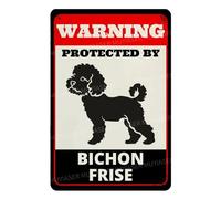 MUYIASER Letrero de metal de aluminio con texto en inglés "Beware of Dog For Fence Warning Protected By Bichon Frise" para exteriores, patio, hogar, cocina, granja, jardín, decoración de pared, 8 x 12