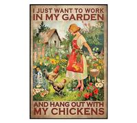 MUYIASER Letreros de metal vintage en inglés "Quiero solo trabajar en mi jardín y pasar tiempo con mis gallinas", para jardín, cocina, oficina, hogar, bar, cafetería