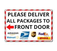 MUYIASER Señal de entrega con flecha izquierda para puerta delantera, con texto en inglés "Please Deliver All Packages to Front Door Left Flecha" - Letrero compuesto de aluminio para exteriores, 8 x