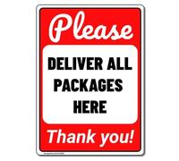 MUYIASER Señal de entrega con texto en inglés «Please Deliver All Packages Here» (rojo) Señal de jardín de aluminio compuesto para exteriores, instrucciones de entrada, 8 x 12 pulgadas