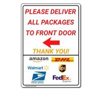MUYIASER Señal de entrega con texto en inglés "Please Deliver All Packages to Front Door Left Flecha" para exteriores, letrero de metal para jardín, patio, letrero de entrega para el hogar, 8 x 12