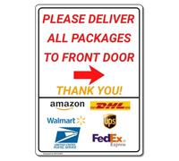 MUYIASER Señal de entrega con texto en inglés "Please Deliver All Packages to Front Door Right Flecha" para exteriores, letrero de metal para jardín, patio, letrero de entrega para el hogar, 8 x 12