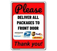 MUYIASER Señal de entrega con texto en inglés "Please Deliver All Packages to Front Door (rojo), letrero de jardín, letrero de entrega de aluminio compuesto para exteriores, instrucciones de entrada