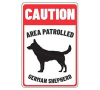 MUYIASER Señal de precaución con texto en inglés "Area Patrolled German Shepherd Beware Of Dog" - Letrero de metal de aluminio para puerta, letrero de advertencia para valla, puerta, patio, decoración