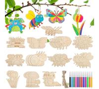 Muyohix 36 Piezas Manualidades Niños, Madera Manualidades DIY con Pájaros, Mariposas, Caracoles, etc, Juegos para Pintar con Lápices Acuarelables, para Detalle Cumpleaños Infantil