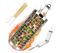 Muyohix Cesta de Parrilla de Acero Inoxidable, Juego de Cestas para Parrilla Anidadas, Accesorios Barbacoa con Mango de Madera, Barbacoa Giratoria Rejilla para Asar Verduras, Carne