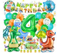 Muyohix Decoracion Dinosaurios Cumpleaños 4 Años, Grandes Globos Dinosaurios con Hhappy Birthday Bandera, Globos Verde Amarillo para Selva Decoraciones Cumpleaños de Fiesta Niño