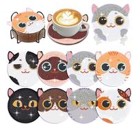 Muzagroo Art Juego de cuadros de pintura de diamantes con soporte, gatos sonrientes para principiantes y alivio del estrés, 8 posavasos (gato)
