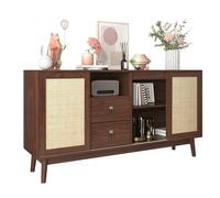 MUZHIXIANG Aparador con puertas correderas de ratán y cajones, cómoda con gran espacio de almacenamiento, aparador estable con patas de madera maciza para salón, comedor y pasillo (madera oscura)