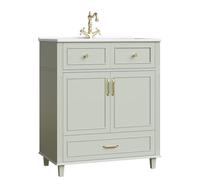 MUZHIXIANG Armario bajo de lavabo con lavabo de cerámica y cierre suave, moderno mueble de baño con cajón y puerta, diseño estriado para cuarto de baño, espacio de almacenamiento, muebles (verde + MDF