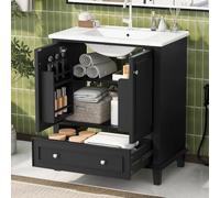 MUZHIXIANG Armario de baño de pie con lavabo de cerámica con patas de madera maciza, lacado completo, mucho espacio de almacenamiento para baño (negro + cerámica + MDF)