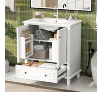 MUZHIXIANG Armario de baño de pie con lavabo de cerámica con patas de madera maciza, lacado completo, mucho espacio de almacenamiento para baño (blanco + cerámica + MDF)