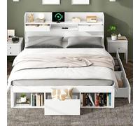 MUZHIXIANG Cama doble multifuncional para niños y adolescentes, con puerto USB, cajones, función de armario integrada, ahorra espacio, sin colchón (blanco + pino + 160 cm x 200 cm)