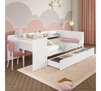 MUZHIXIANG Cama plana con cama nido y escritorio, cama multifunción para habitación juvenil, ahorra espacio, diseño moderno con estantes (blanco + pino)